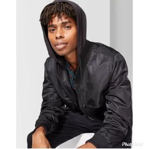 Original Use Mens Black Hooded Bomber Jacket